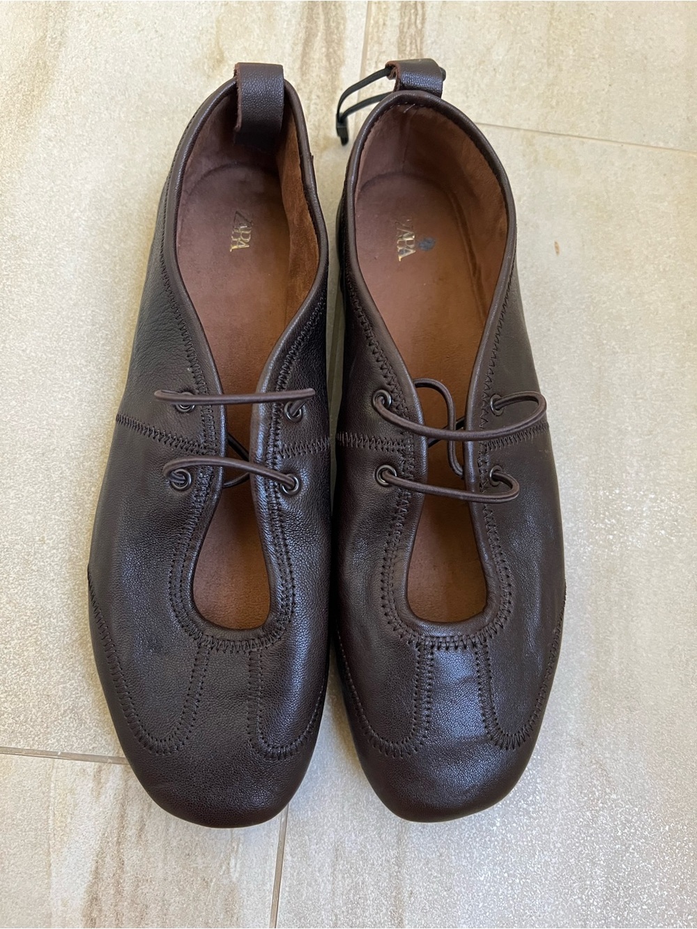 Zara Dark Brown Leather Slip-On Loafers Ballerina Flats